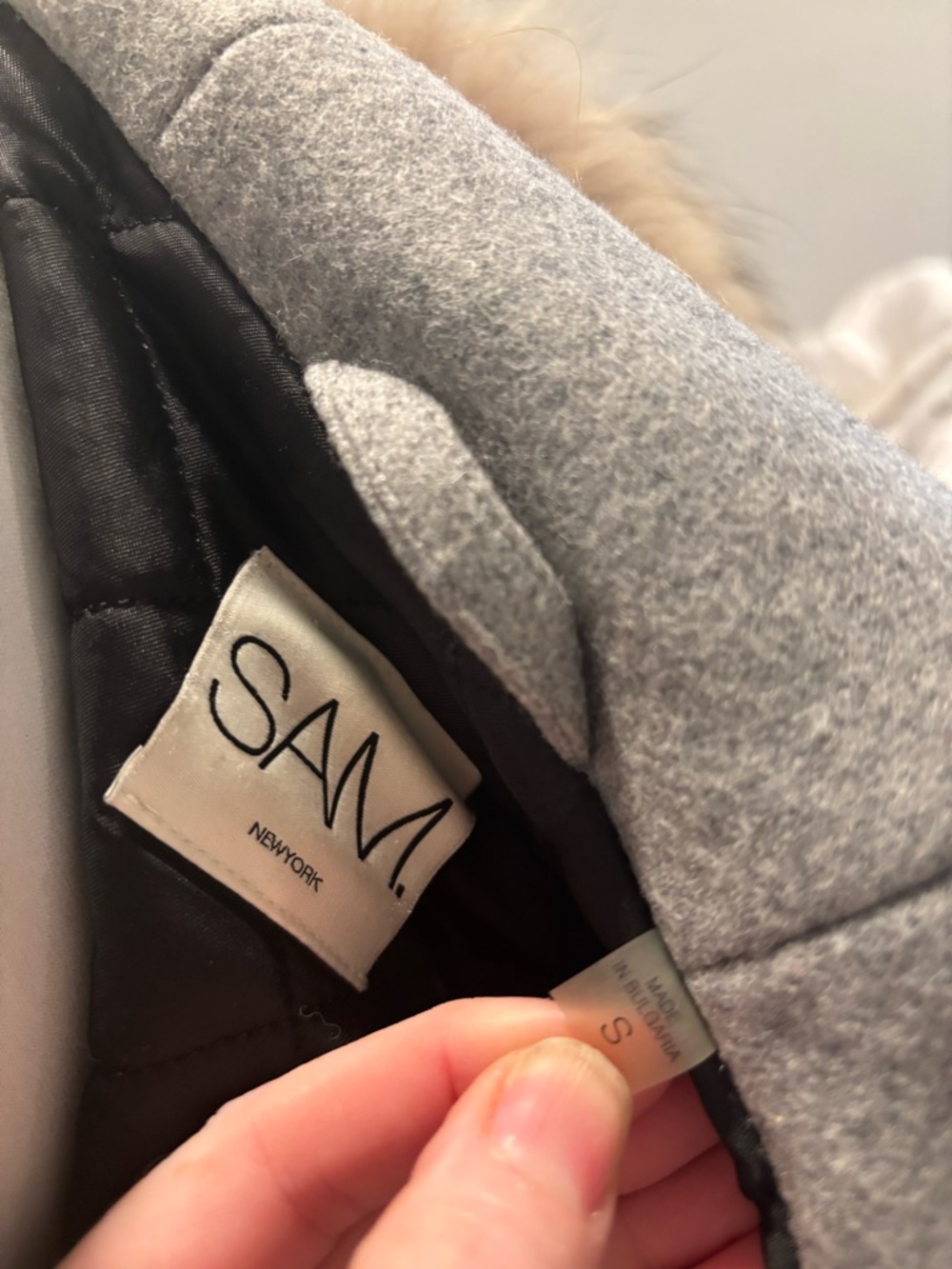 SAM. Light Gray Wool Pea Coat with Black Quilted Lining